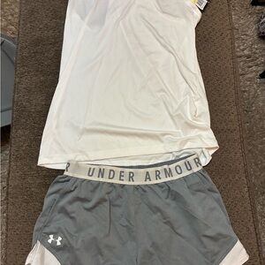 Under Armour Gray HeatGear Shorts with white tank top